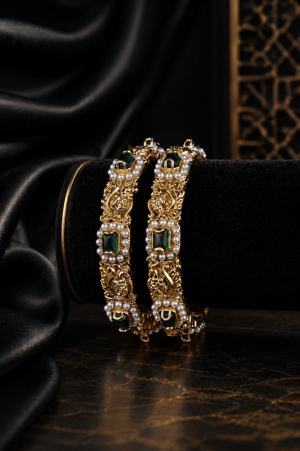 Antique Peacock Swan Pearl Emerald Bangle Pair