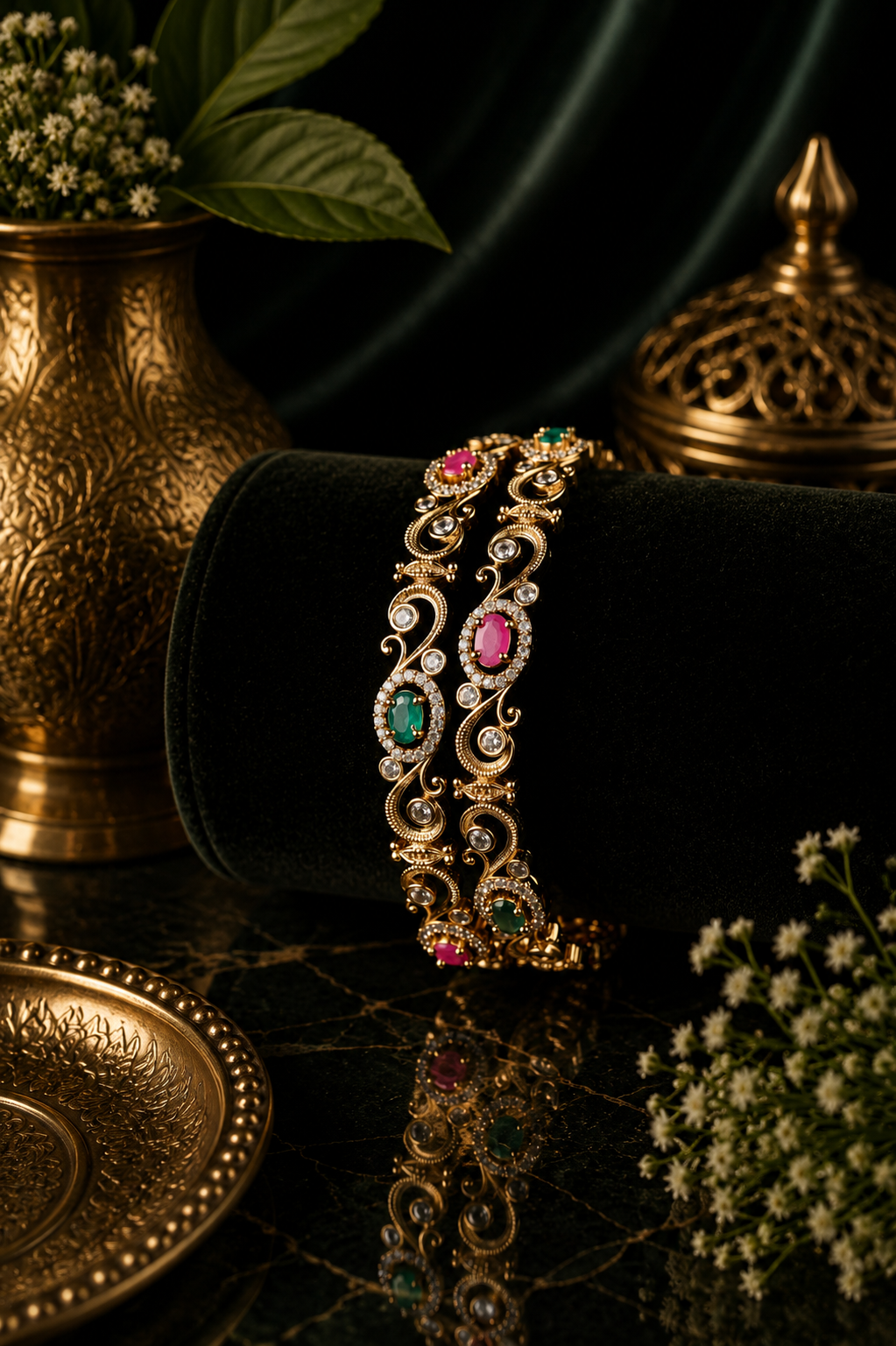 Mate Scrollwork Oval Stone CZ Bangle Pair