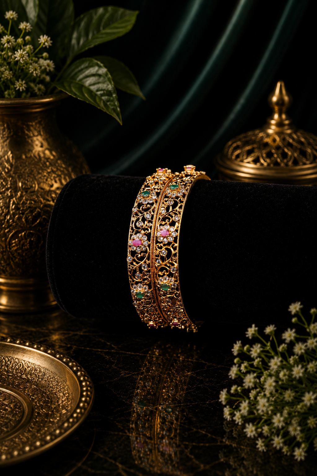 Mate Fretwork Floral CZ Stone Wide Bangle