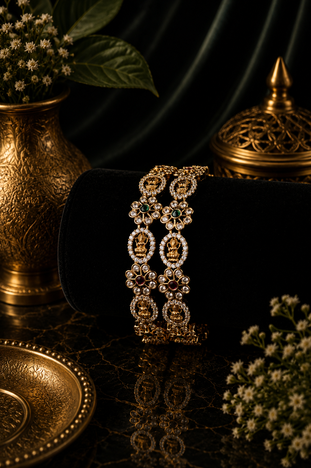 Mate Lakshmi Oval CZ Floral Link Bangle Pair