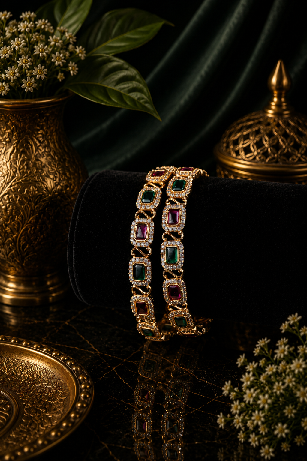 Mate Alternating Ruby Emerald CZ Rectangular Bangle Pair