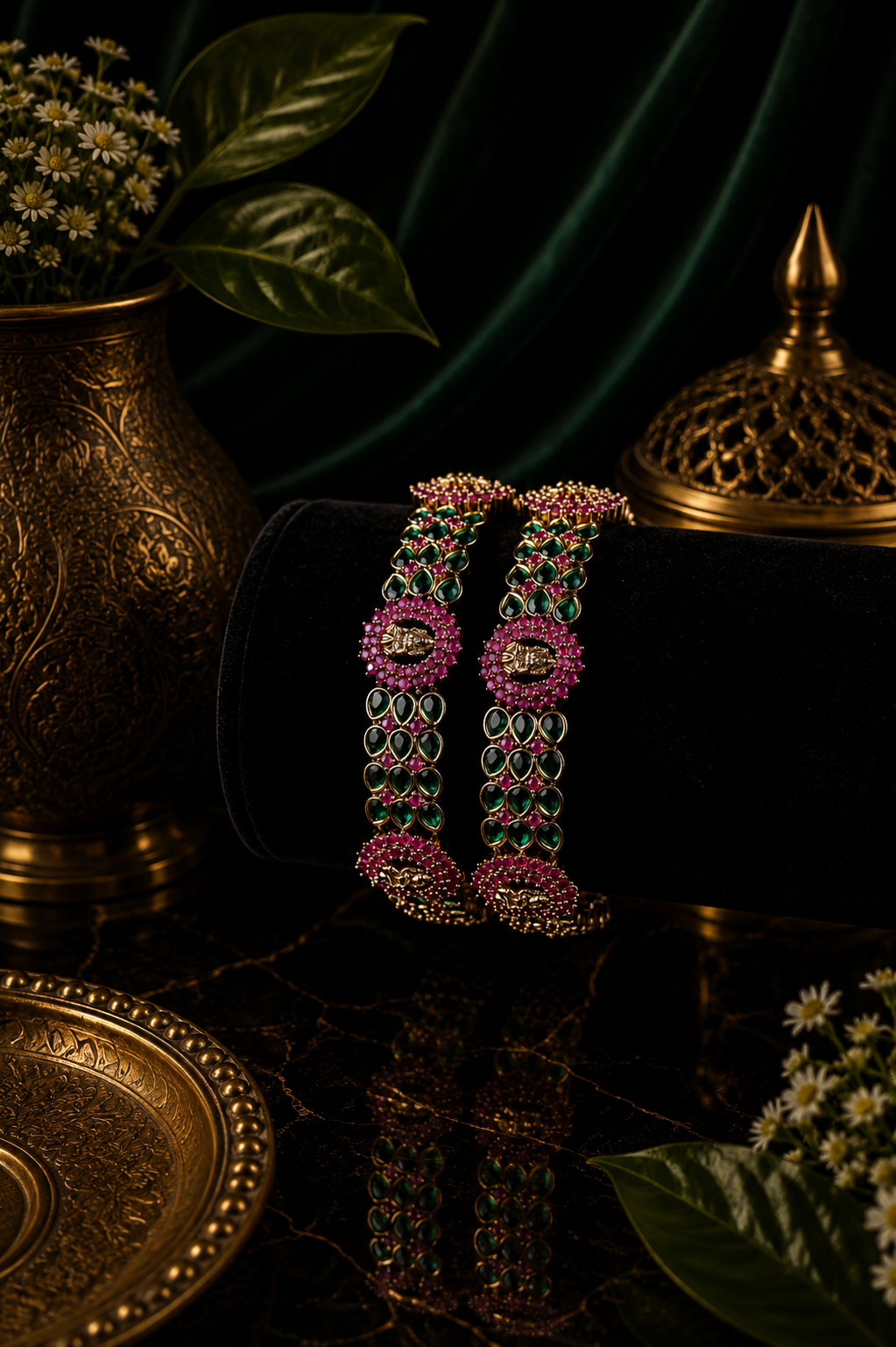 Mate Lakshmi Ruby Emerald Pear Stone Wide Bangle Pair
