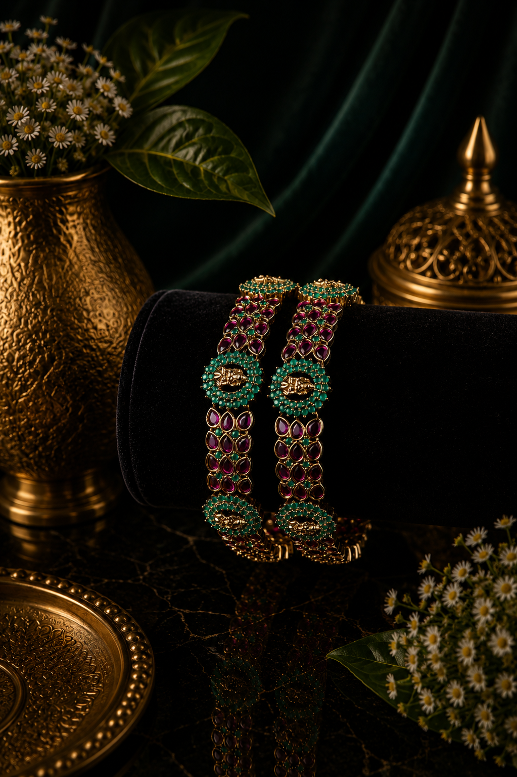 Mate Lakshmi Ruby Emerald Pear Stone Wide Bangle Pair