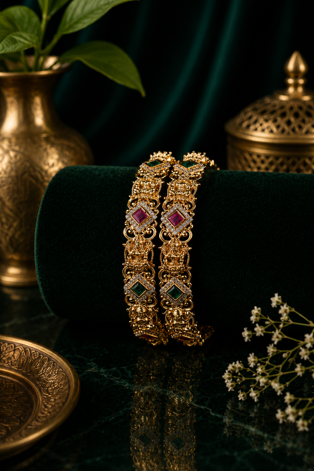 Antique Lakshmi Kundan Floral Bangle Pair — Ruby