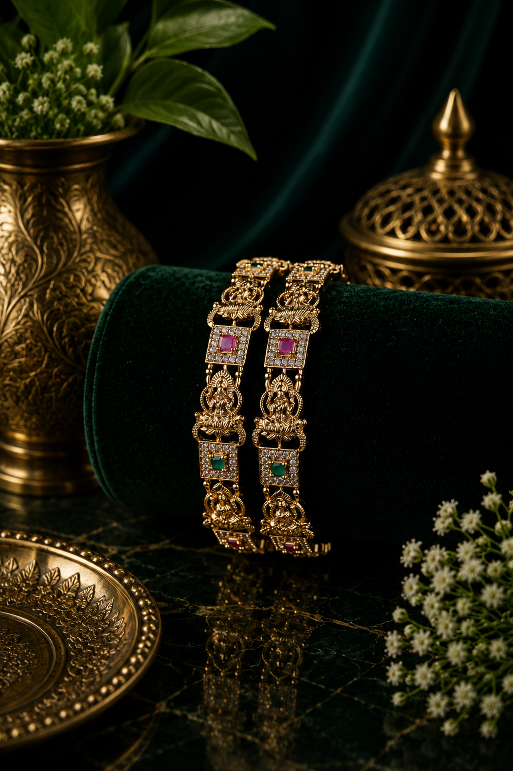 Mate Lakshmi CZ Square-Stone Linked Bangle Pair