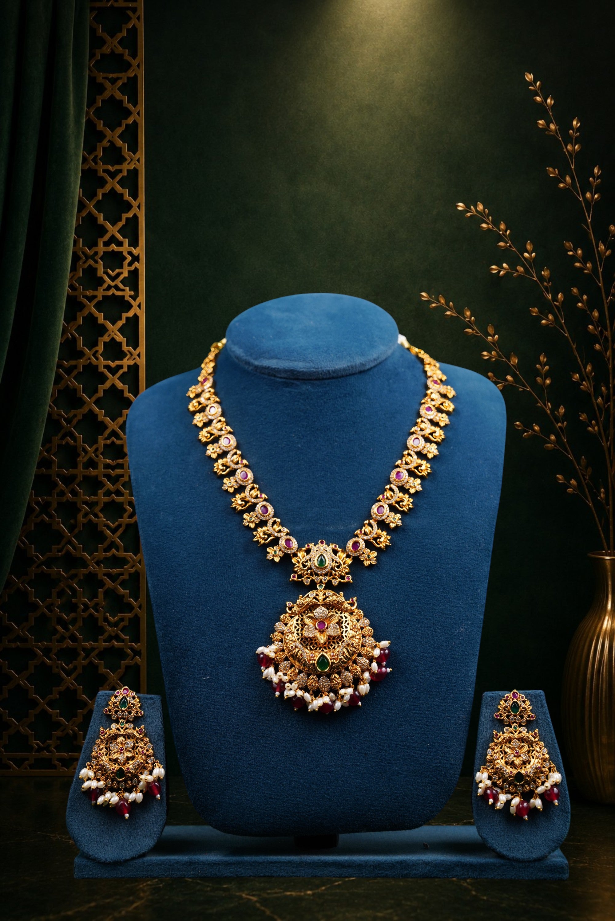 Floral Heritage Pendant Temple Necklace Set