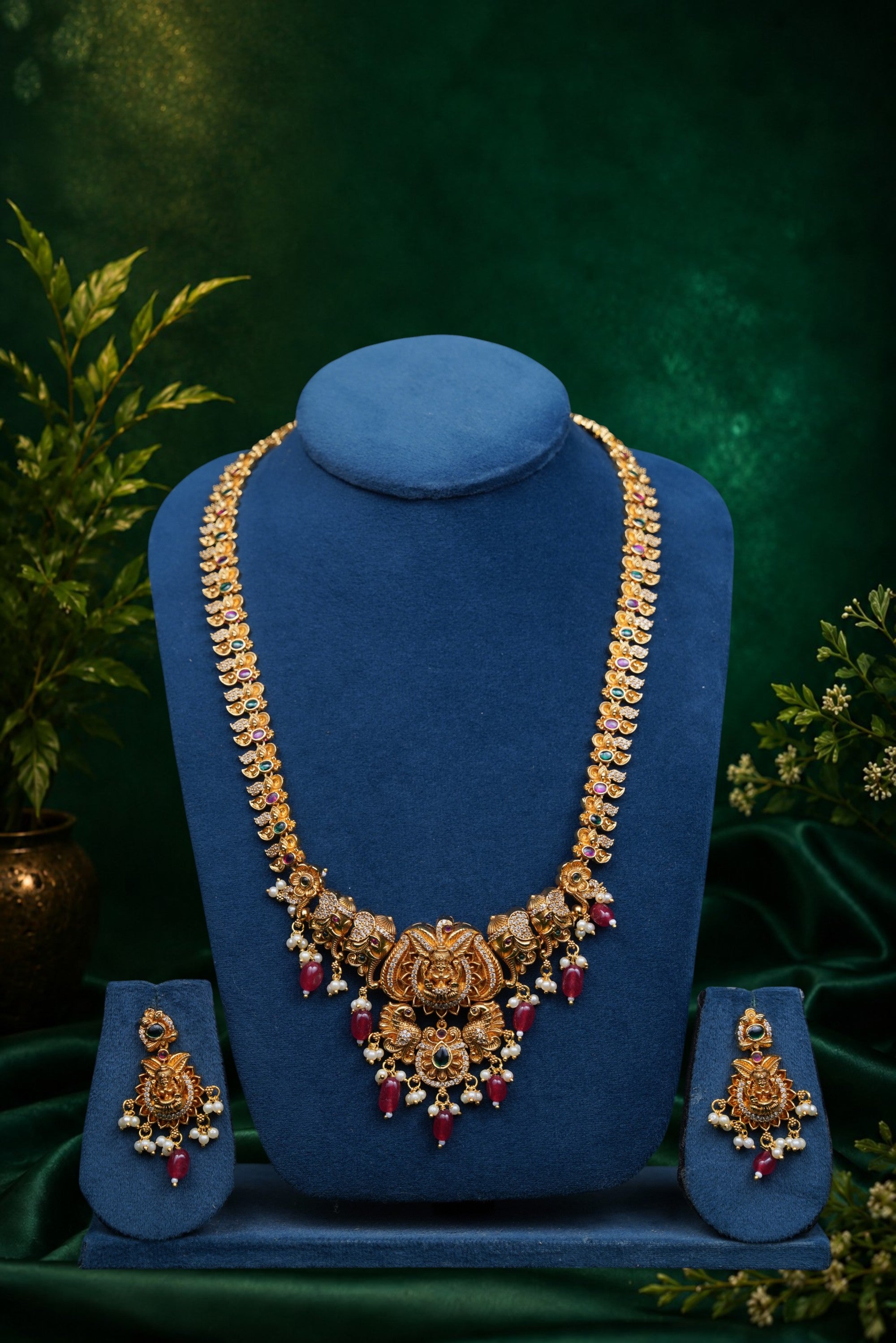 Gaja Laxmi Long Haram with Ruby Drops