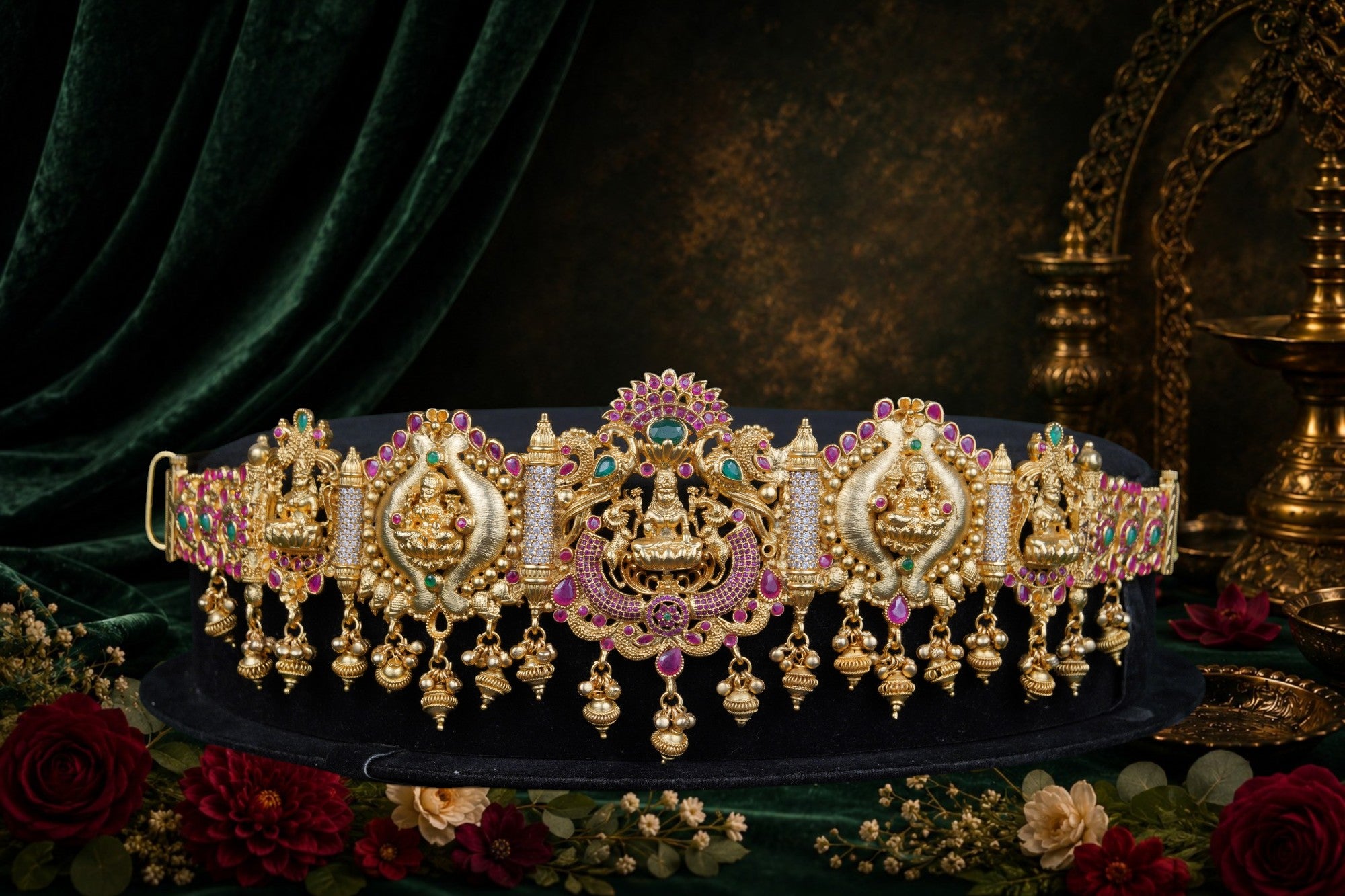 Temple Peacock Lakshmi Ruby Vaddanam