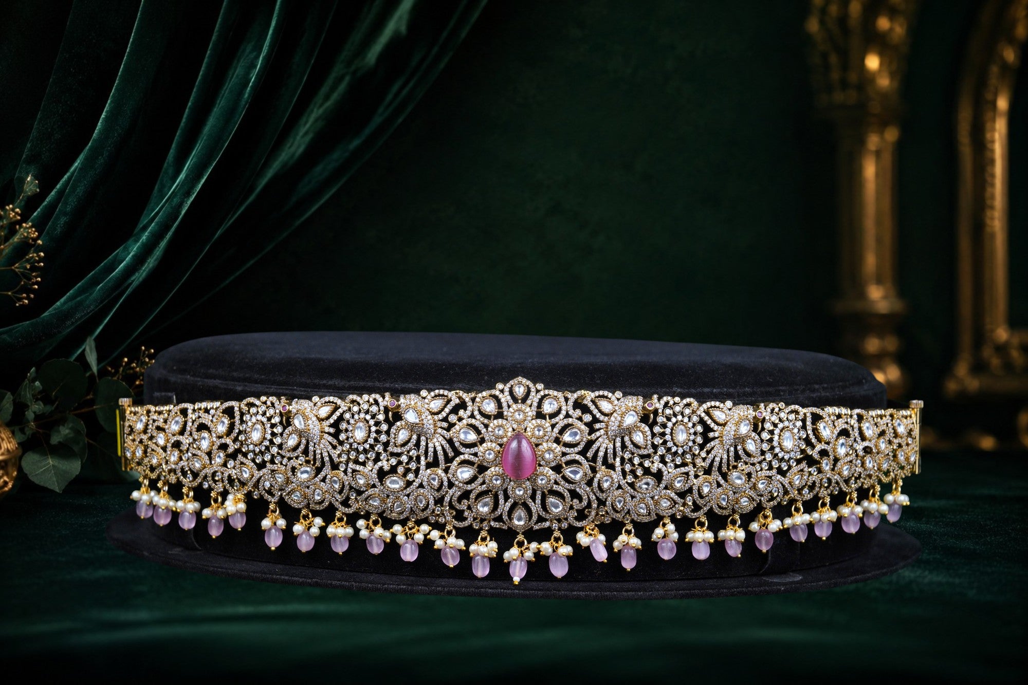 Victorian CZ Kundan Vaddanam — Rose Pink